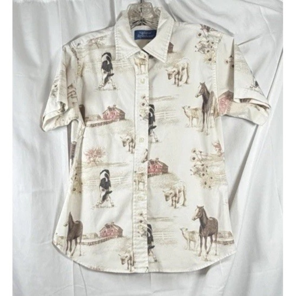 Natural Reflections Button Down Shirt Sleeve Farm Animal Print Shirt Size M